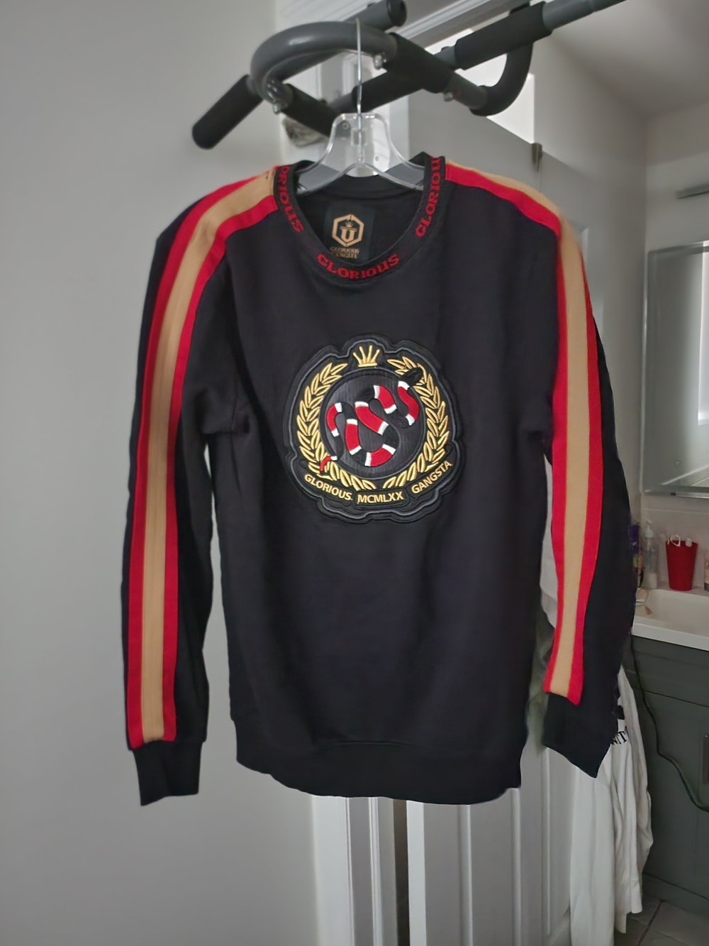 Glorious Gangsta Black Crewneck Sweater Sleeve Stripes and Embroidered Crest
